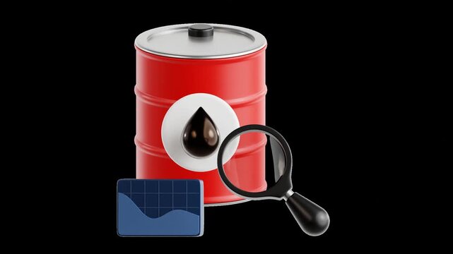 Smooth looping 3D animation featuring dynamic charts and magnifying glass elements with fluid motion, emphasizing continuous analysis process and data flow in oil industry visuals.
