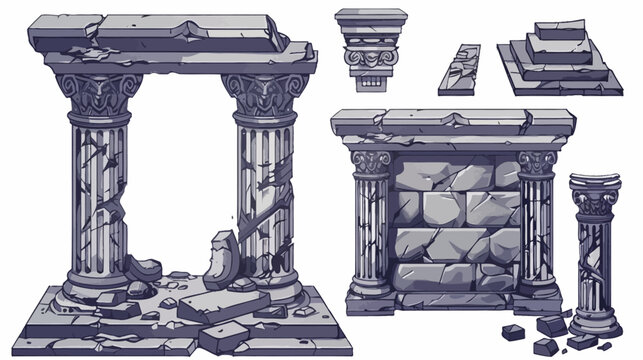 Pixel art of broken stone architecture elements, columns, walls, steps, in grayscale tones