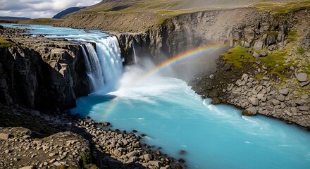 Obraz premium Breathtaking turquoise waterfall cascading into a dramatic canyon, adorned by a vibrant rainbow, creating a spectacular natural wonder amidst rugged, desolate highlands