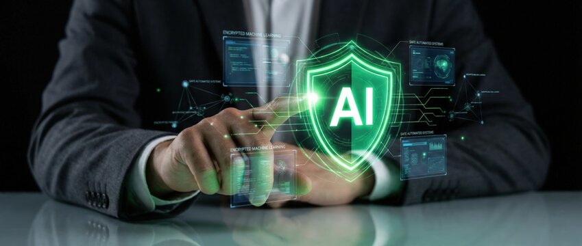 Ai security implementation corporate office digital artwork modern environment close-up viewpoint protecting data with artificial intelligence technology