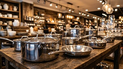 Fototapeta premium Shining stainless steel cooking pots and pans sit meticulously on a rustic wooden table inside a beautiful premium kitchenware boutique.