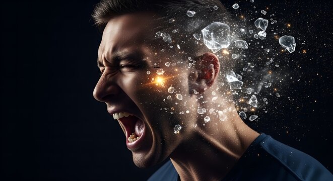 Dramatic Close Up of a Man's Head Exploding into Ice Shards and Glittering Stars Concept