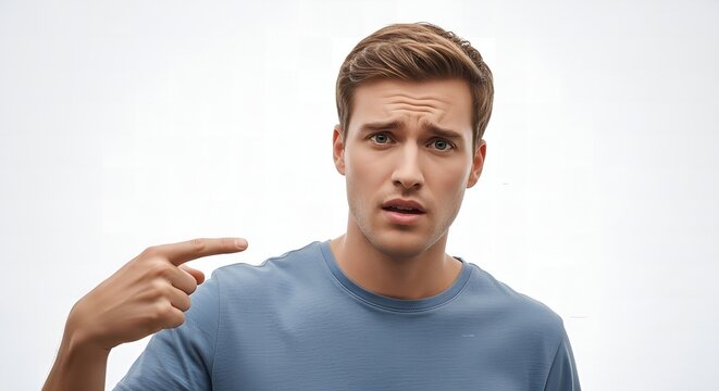 Young Man Pointing Finger to Self with Confused Facial Expression and Questioning Gesture