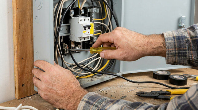 Electrician Installing Wiring Connections Electrical Panel Close-up Shallow Depth of Field