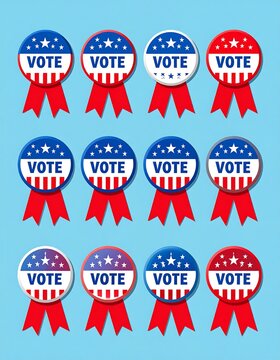 Twelve stylized patriotic "Vote" buttons adorn a light blue background in a 3x4 grid arrangement