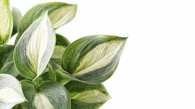 Close-up shows vibrant hosta leaves with white and green variegation, showcasing nature's artistry on a bright, clean, and minimalist white background.