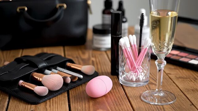 Makeup brushes and champagne on wooden table for beauty routine.