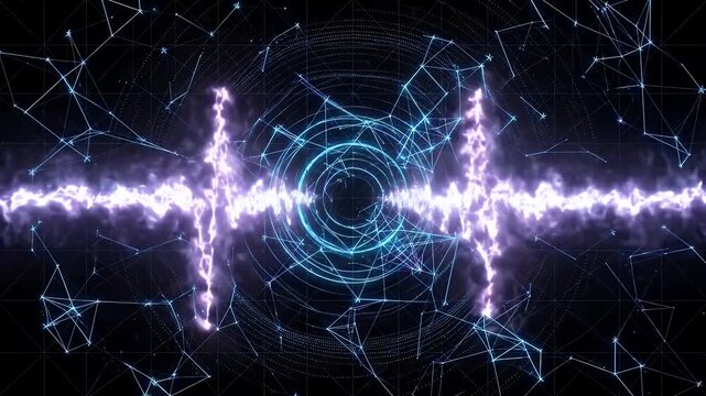 A vibrant digital wireframe of a star field pulses rhythmically against a black background. The video features interconnected lines and a central waveform, creating a mesmerizing and futuristic