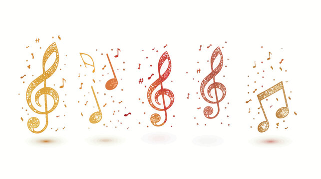 Music notes and treble clefs in shades of gold, orange and red scattered on white background