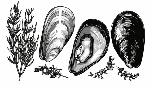 Monochrome seafood arrangement mussels and sprigs of rosemary and thyme on white