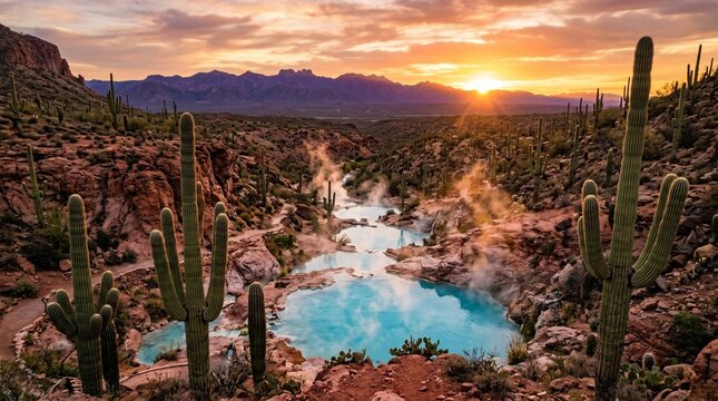 Stunning turquoise geothermal hot spring pools steam gently in a rugged desert landscape surrounded by tall green cacti and red earth rock.