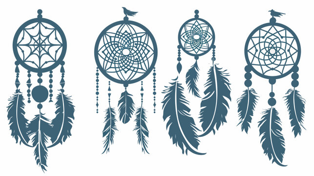 Four dreamcatchers with feathers and bird perched, in blue silhouette on white
