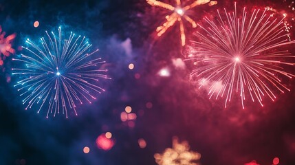 Fototapeta premium The dazzling bursts of the festive fireworks light up the night sky in shades of red and blue — a splendid backdrop for New Year’s greetings and other celebrations.