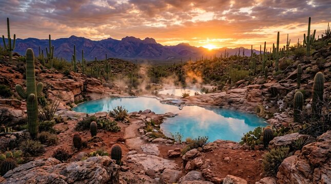 Stunning turquoise geothermal hot spring pools steam gently in a rugged desert landscape surrounded by tall green cacti and red earth rock.