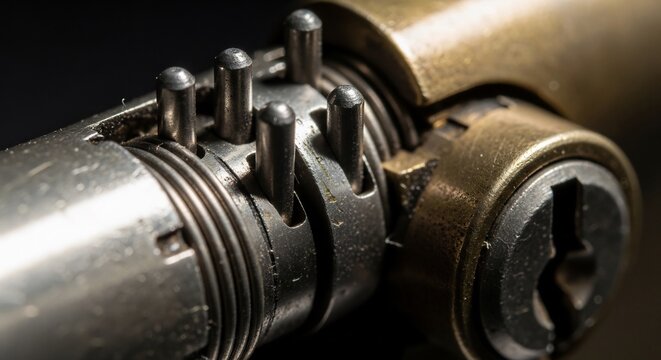 Close-up of a complex mechanical lock cylinder mechanism with pins and tumblers.