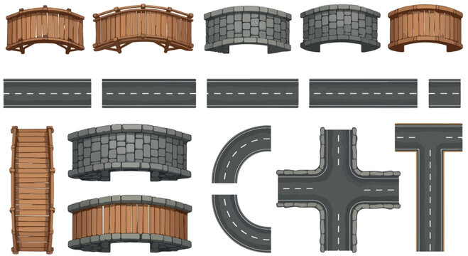 Isometric road and bridge construction kit, modular wooden and stone bridges, asphalt highway sections and intersections for map design