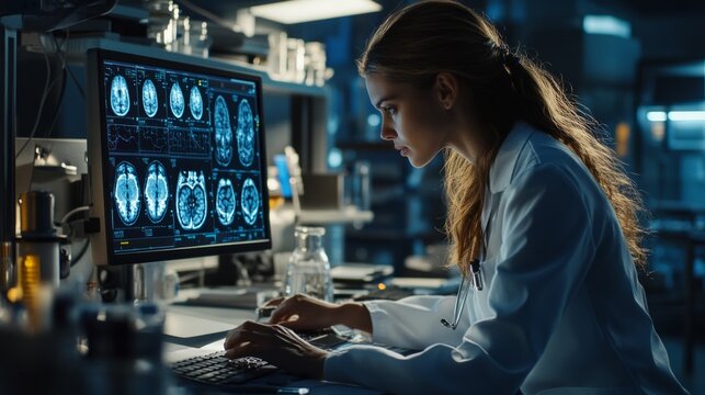 A doctor in a lab coat studies brain scans intently on a monitor in a dimly lit laboratory, using the scientific setting as a serious backdrop for medical research material.