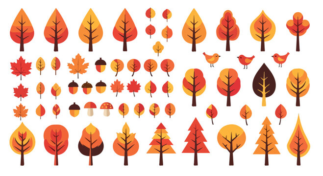 Autumn forest vector collection, flat geometric trees and leaves set, orange and red fall nature elements, seasonal foliage and woodland icons