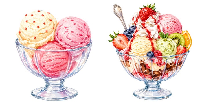 A charming watercolor set of ice cream sundaes featuring colorful scoops fresh fruit whipped cream and glass dessert bowls illustrated in a sweet hand painted style.