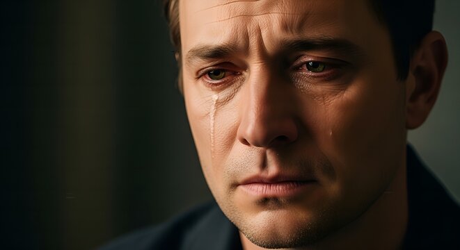 Close Up Portrait of a Man Crying with Tear Tracks and Emotional Expression