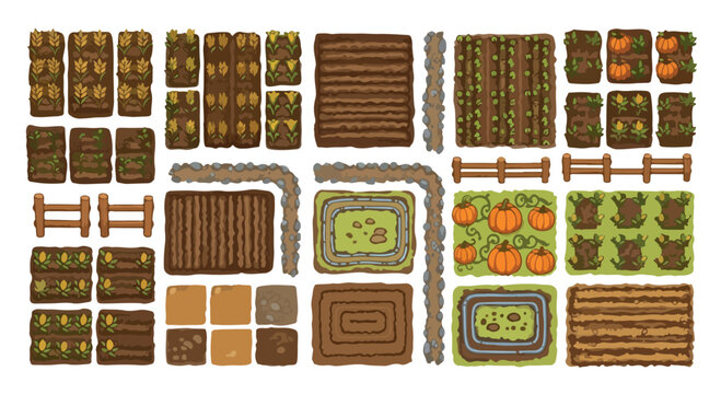 Hand-drawn farm garden vector set, vegetable garden bed illustrations with pumpkins and crops, rustic agricultural landscape elements for map design