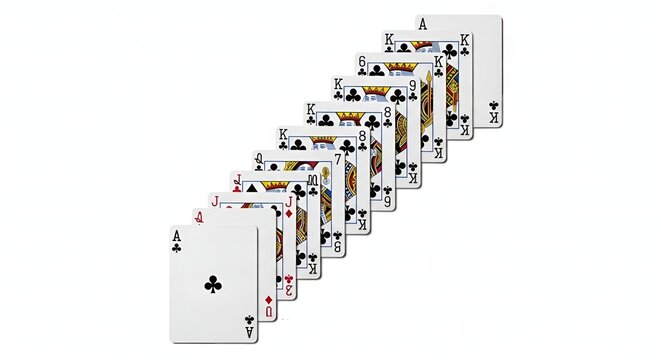 Diagonal Stack of Various Playing Cards Showing Different Ranks and Suits in a Gaming Concept