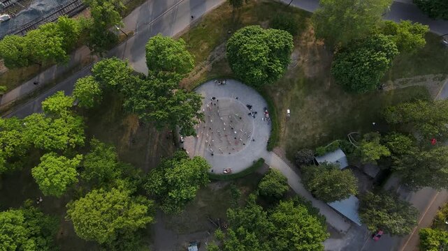 Cinematic Drone View of Kaisaniemi Park Dance Pavilion on a Beautiful Sunny Day