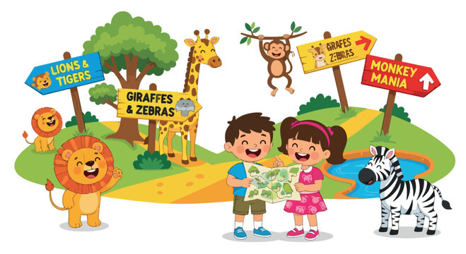 Cartoon zoo illustration with children holding map, cute safari animals and directional wooden signs, kids visiting wildlife park vector