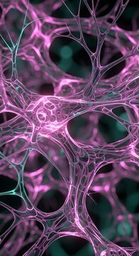 Abstract glowing neural network structure with interconnected nodes and pathways in vibrant pink and teal colors on a dark background