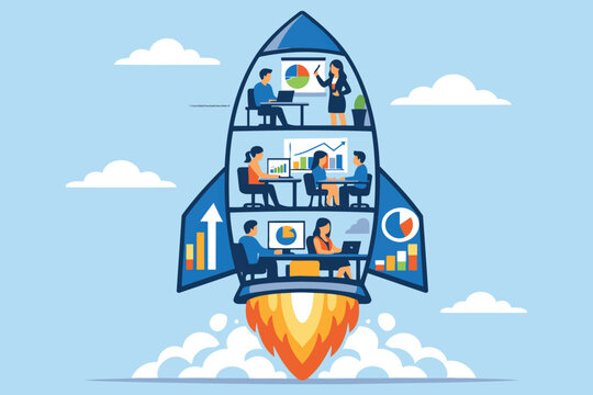 Team collaborating in a rocket ship with business charts and graphs Vector