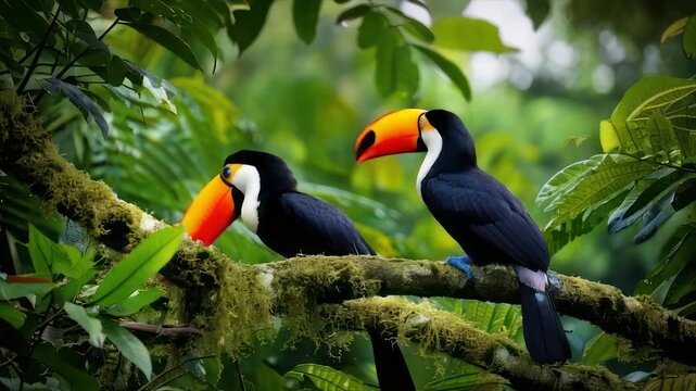 Two vibrant toucans with large beaks perch on a mossy branch amidst lush green foliage