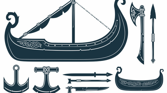Dark blue Viking ship and weapon icons, including boats, axes, spears, and anchors