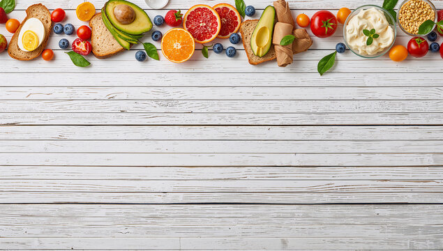 白木の背景に朝食食材を並べたヘルシーな料理写真