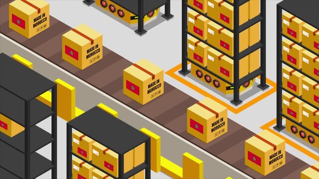 Smart Automated Warehouse System with Flag of Morocco, Modern Industrial Logistics and Supply Chain Animation