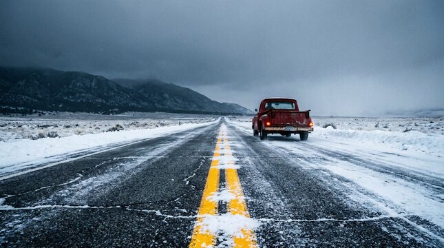 Vintage red pickup truck drives away on a desolate icy highway covered in snow, with yellow center lines leading to an overcast horizon.