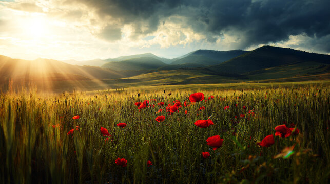 Sun rays breaking through dramatic clouds over a vibrant poppy field and rolling hills during sunset