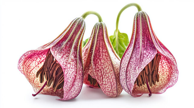 Three Chilean bellflowers lie gracefully on a white surface, their unique pink and purple speckled patterns a testament to nature's intricate artistry.