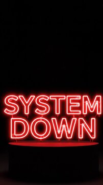 System Down Neon Sign Illuminates with Red Light and Sparks on a Dark Stage Symbolizing Failure and Crisis
