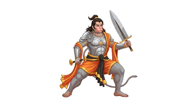 Warrior Hanuman Pixel Art, Hindu Deity, Sword, Armor, Mythological Character