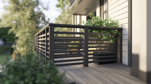 A contemporary deck railing with a privacy design, featuring vertical wooden slats in charcoal gray, creating a sleek and modern aesthetic.