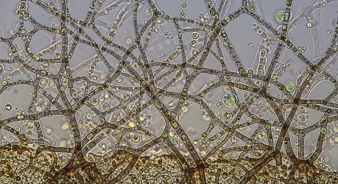 Microscopic view of fungal mycelium network.
