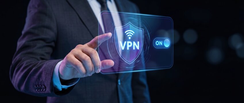 Engaging vpn security action by business professional digital workspace graphic content high-tech environment close-up viewpoint cybersecurity concept for enhanced privacy
