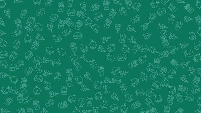 Background with tiny food doodles in green for culinary projects. Suitable for menu designs, recipe cards, food blogs, and foodrelated marketing materials.