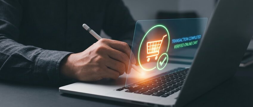 Enhancing e-commerce experience digital shopping cart interaction at home office laptop setup online shopping environment user engagement concept