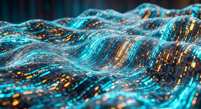 Abstract digital wave pattern with glowing blue and orange particles representing data flow and network connections