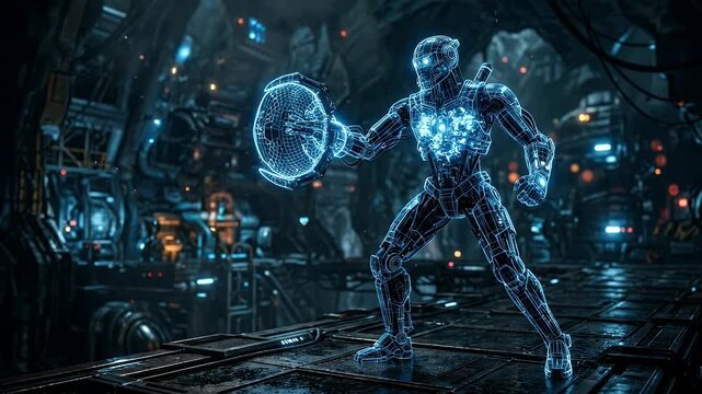 A futuristic-looking robot constructed from blue wireframes stands on a metallic platform, catching an energy ball with a circular catcher.