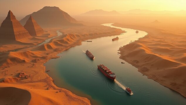 Mapa de Egipto creado con el Canal de Suez, barcos de carga y rutas comerciales del desierto, concepto log&iacute;stico estrat&eacute;gico