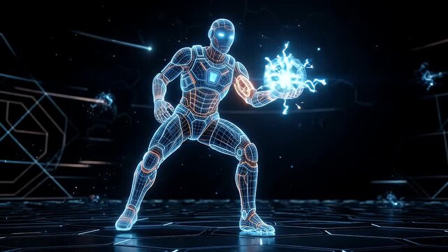 A stylized wireframe figure catches an energy ball with sparks against a dark, futuristic background. The environment features a tiled floor pattern and additional geometric wireframe structures.