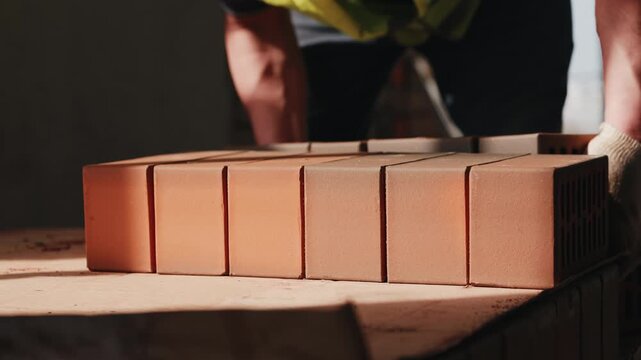 Worker rearranging stack of solid bricks on workbench at construction site