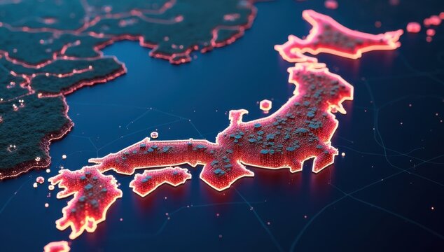 Mapa de Jap&oacute;n creado con contenedores de env&iacute;o compactos, que simbolizan la industria electr&oacute;nica y rob&oacute;tica